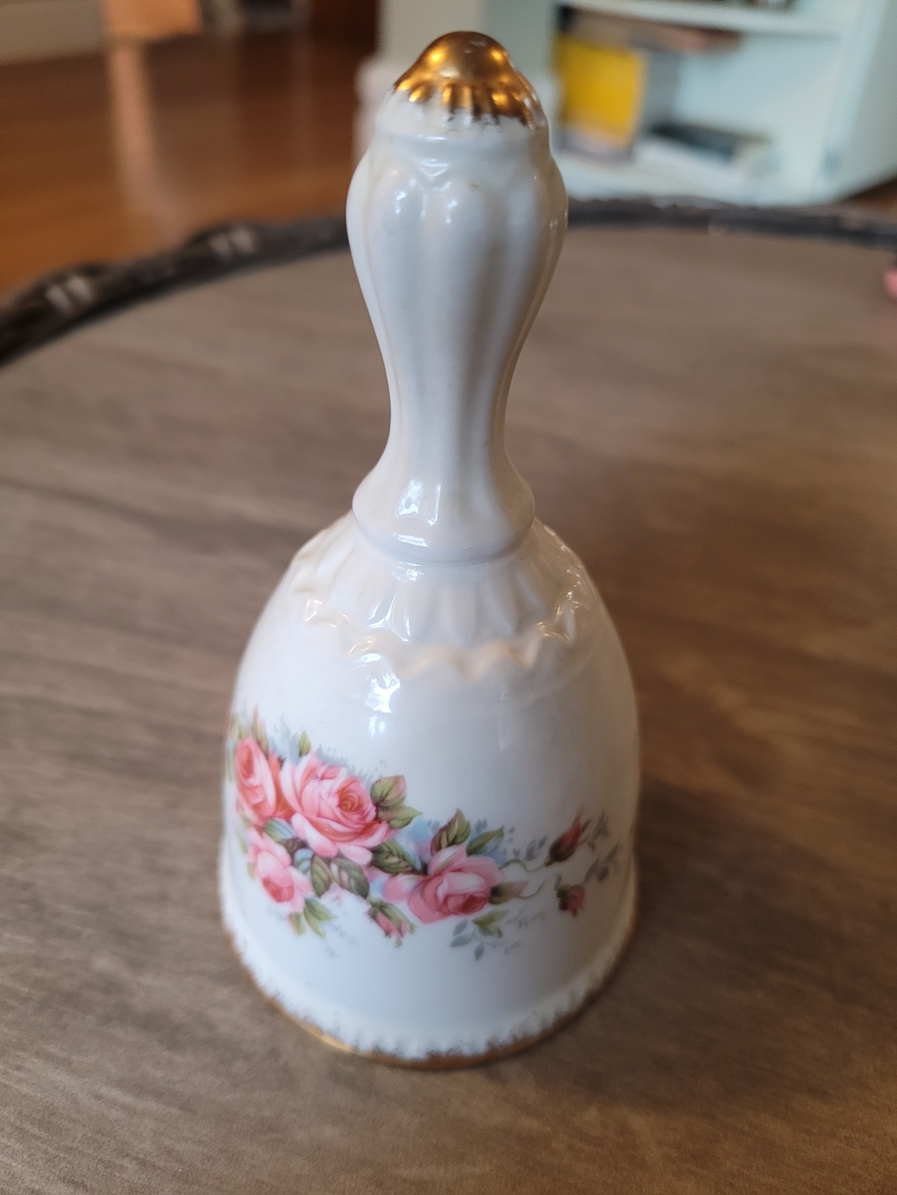 PARAGON White Ceramic Bell with Pink Rose Floral and Gold Trim